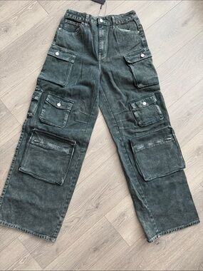 Fashion Nova Washed Olive Green Wide-Leg Cargo Jeans